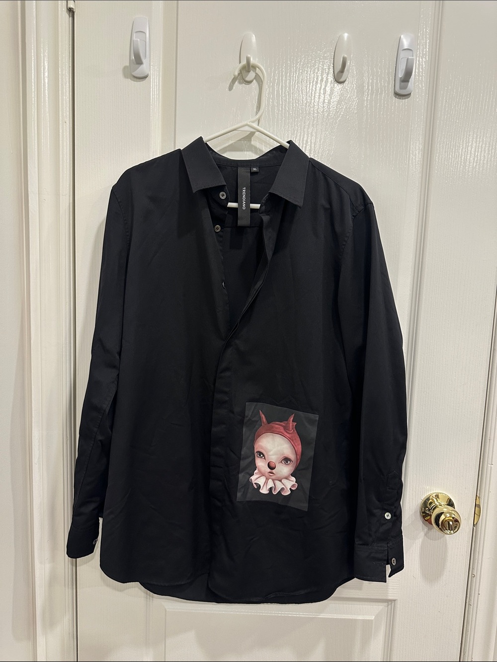 Black Men's Graphic Button-Up Shirt with Patch Detail